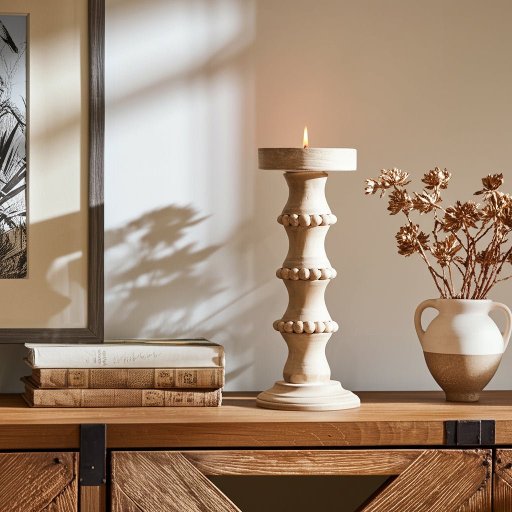 WOODEN 15" BANDED BEAD CANDLEHOLDER, DISTRESSED IV Candle Holders| Sagebrook Home