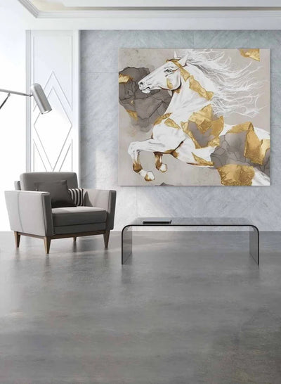 Square Canvas Wall Art Stretched Over Wooden Frame with Gold Floating Frame and Legendary Horse Oil Painting