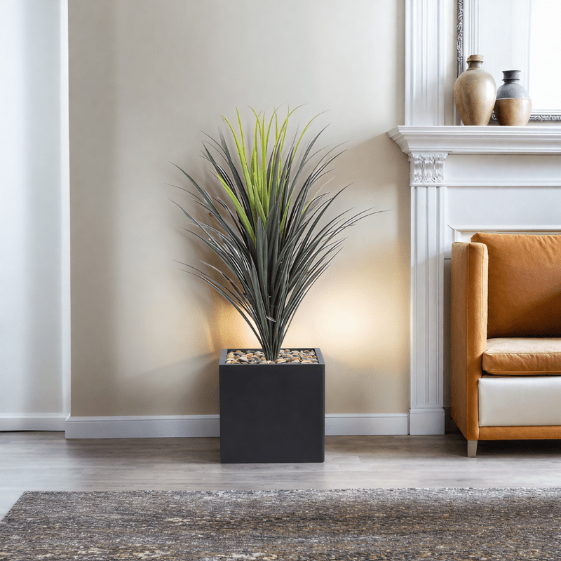Yucca cactus tree with a square fiber pot consisting of a single branch, designed with green leaves that add a lively touch. Available colors: black,. - Al Rugaib Furniture