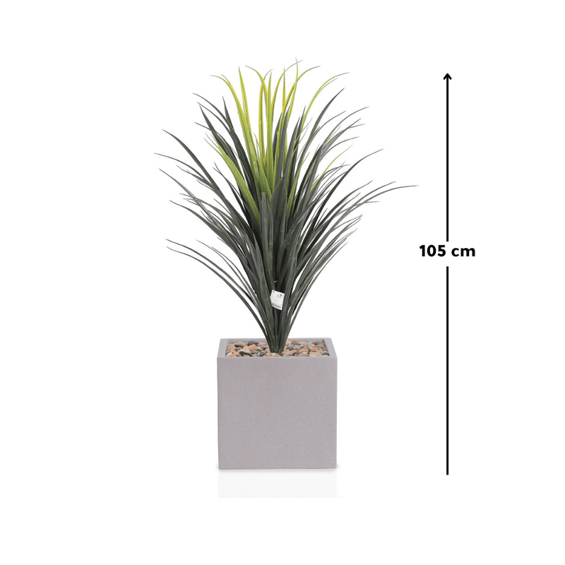Yucca cactus tree with a square fiber pot consisting of a single branch, designed with green leaves that add a lively touch. Available colors: cement spray. Artificial Plants| Otath