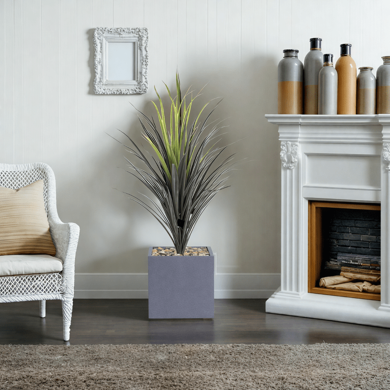 Yucca cactus tree with a square fiber pot consisting of a single branch, designed with green leaves that add a lively touch. Available colors: gray spray. - Al Rugaib Furniture