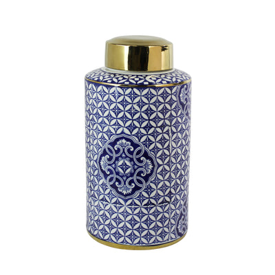Decorative Ceramic Covered Jar, Blue/White/Gold (6608449372256)