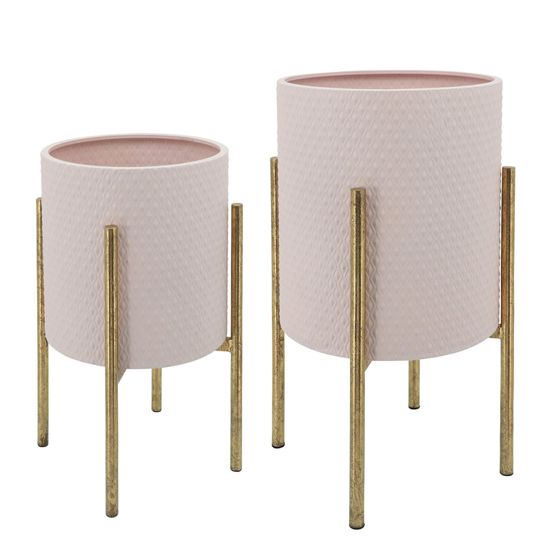 S/2 TEXTURED PLANTER ON METAL STAND, PINK/GOLD (6608450060384)