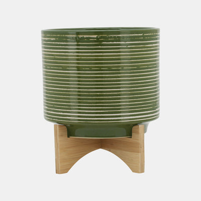 CERAMIC 10" PLANTER ON WOODEN STAND, OLIVE (6627083354208)