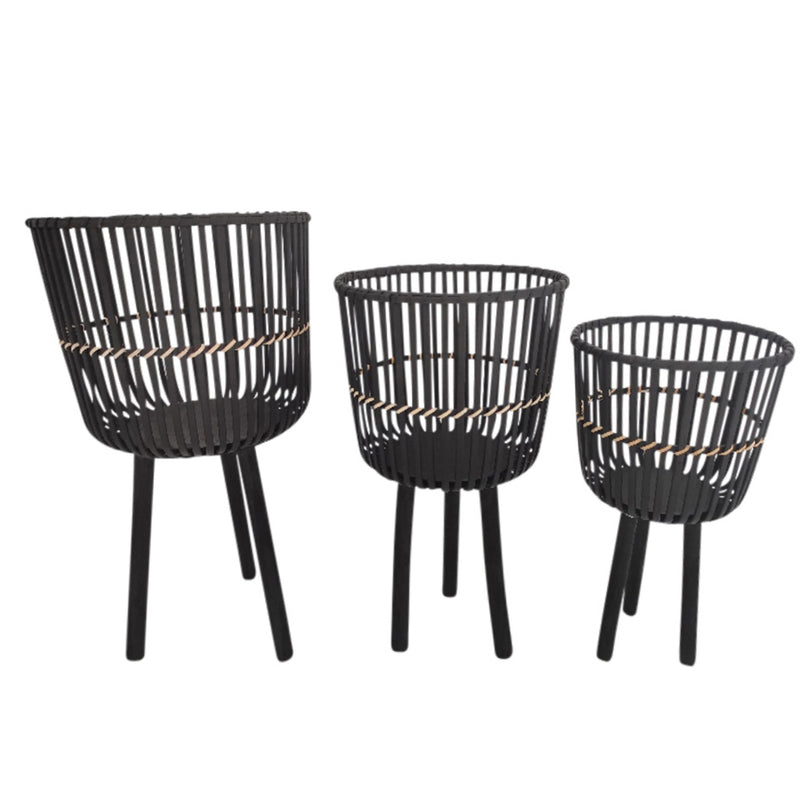 S/3 BAMBOO FOOTED PLANTERS 11/13/15", BLACK (6608458907744)