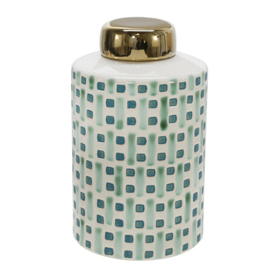 CERAMIC 9" JAR WITH GOLD LID, GREEN/WHITE (6608459235424)