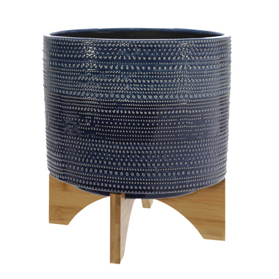 11" DOTTED PLANTER W/ WOOD STAND, BLUE (6608462708832)