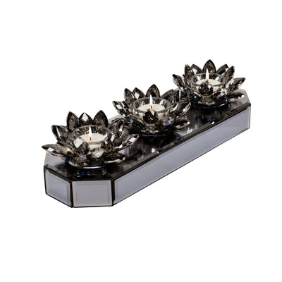 GLASS 13" 3 LOTUS MIRRORED CANDLE HOLDER, BLACK (6608463069280)