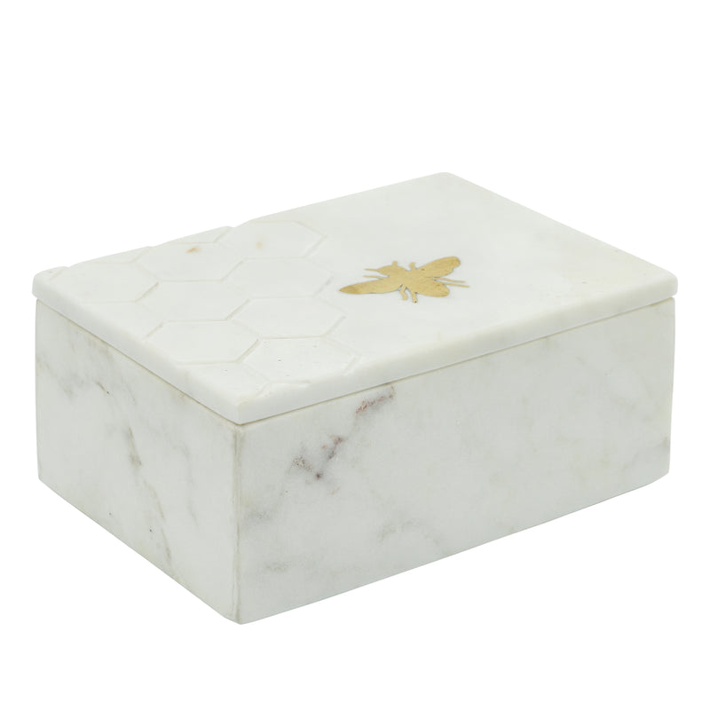 MARBLE 7X5 MARBLE BOX W/ BEE ACCENT WHITE (6608470704224)