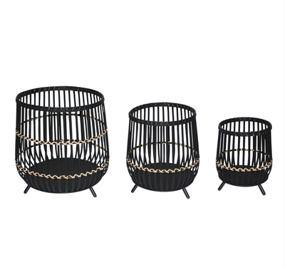 S/3 BAMBOO FOOTED PLANTERS 17/14/10", BLACK