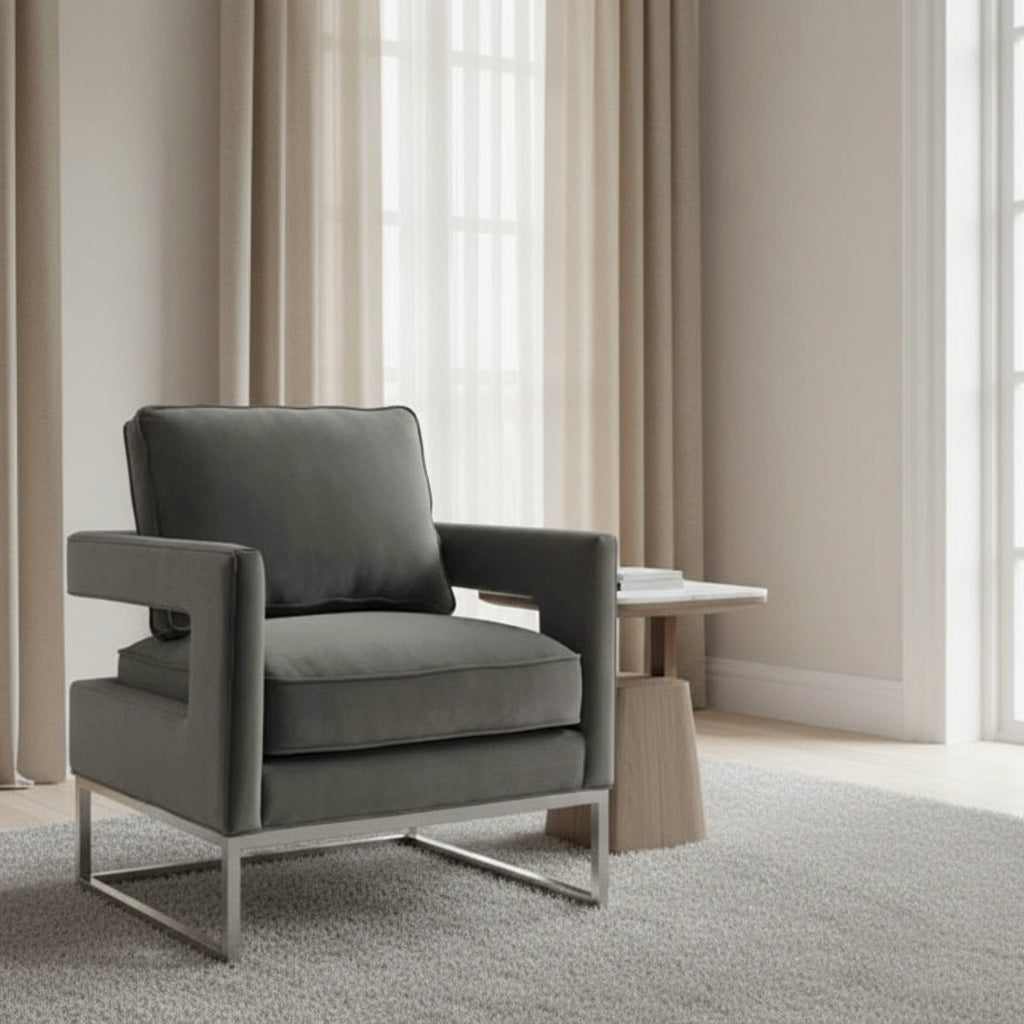 Avery Grey Velvet Chair - Silver Frame Chairs| TOV