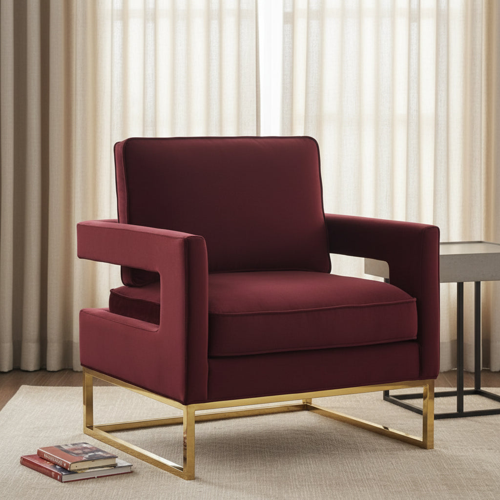 Avery Maroon Velvet Chair With Polished Gold Base Chairs| TOV