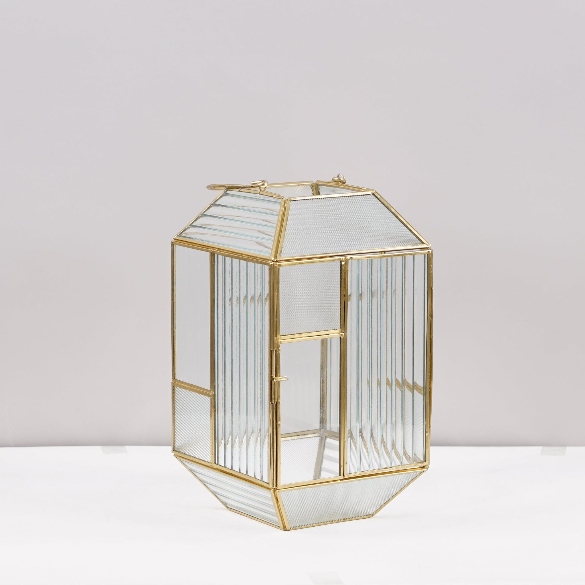 BRASS AND GLASS LANTERN GOLD SIZE 16.5X16.5X30CM Lanterns| Alrugaib Furniture X Nice