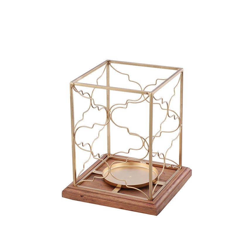 CANDLE HOLDER ARABESQUE DESIGN GOLD AND WOOD DIA23X32 CM Candle Holders| Alrugaib Furniture X Nice