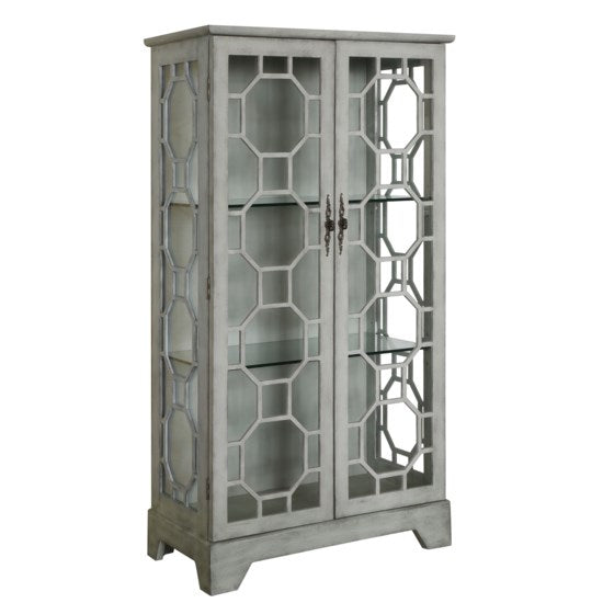 Evelyn 2 Door Painted Grey Glass Curio with Fretwork Furniture, Gray (4791294328928)