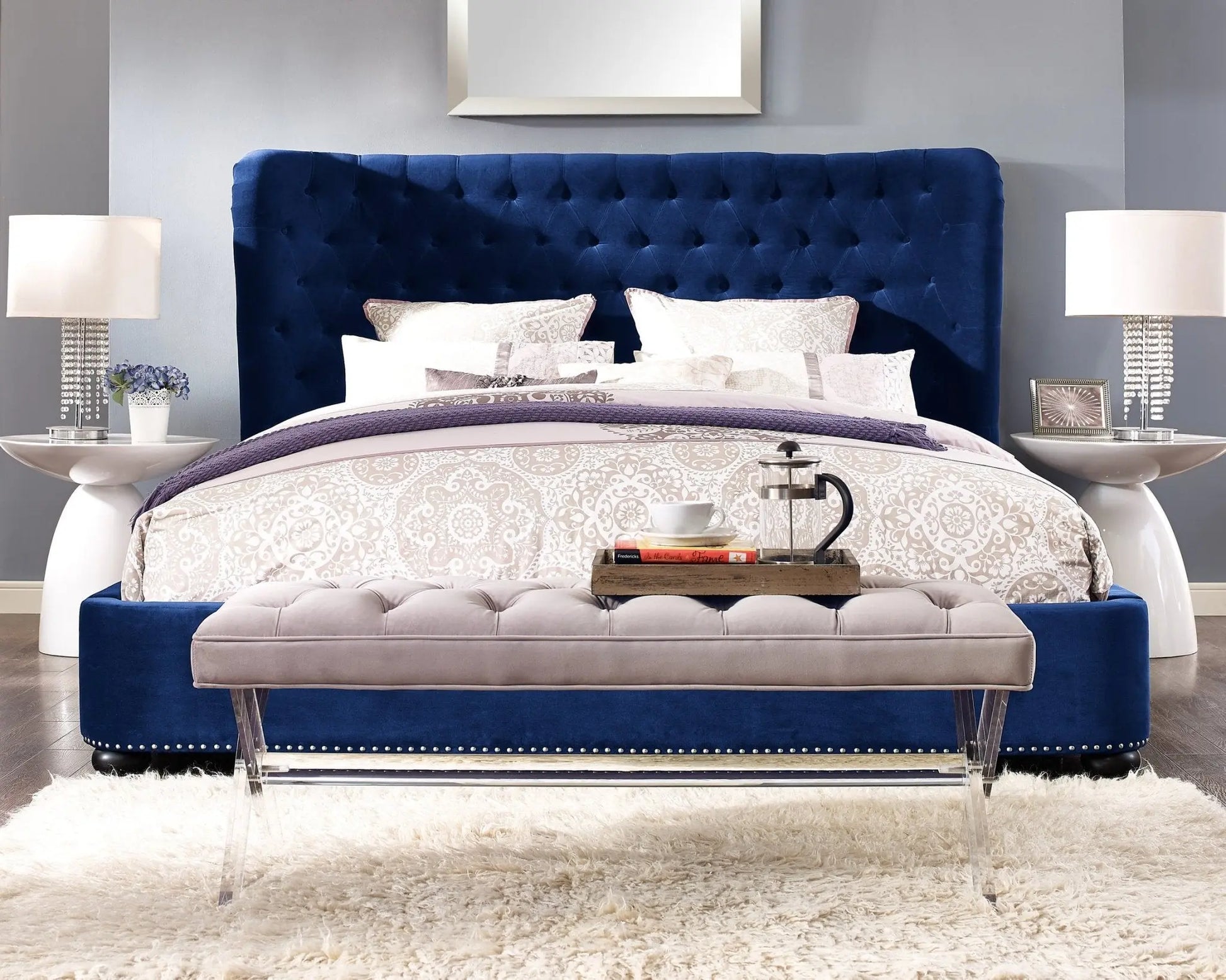 Finley Blue Velvet Bed in King Beds| TOV