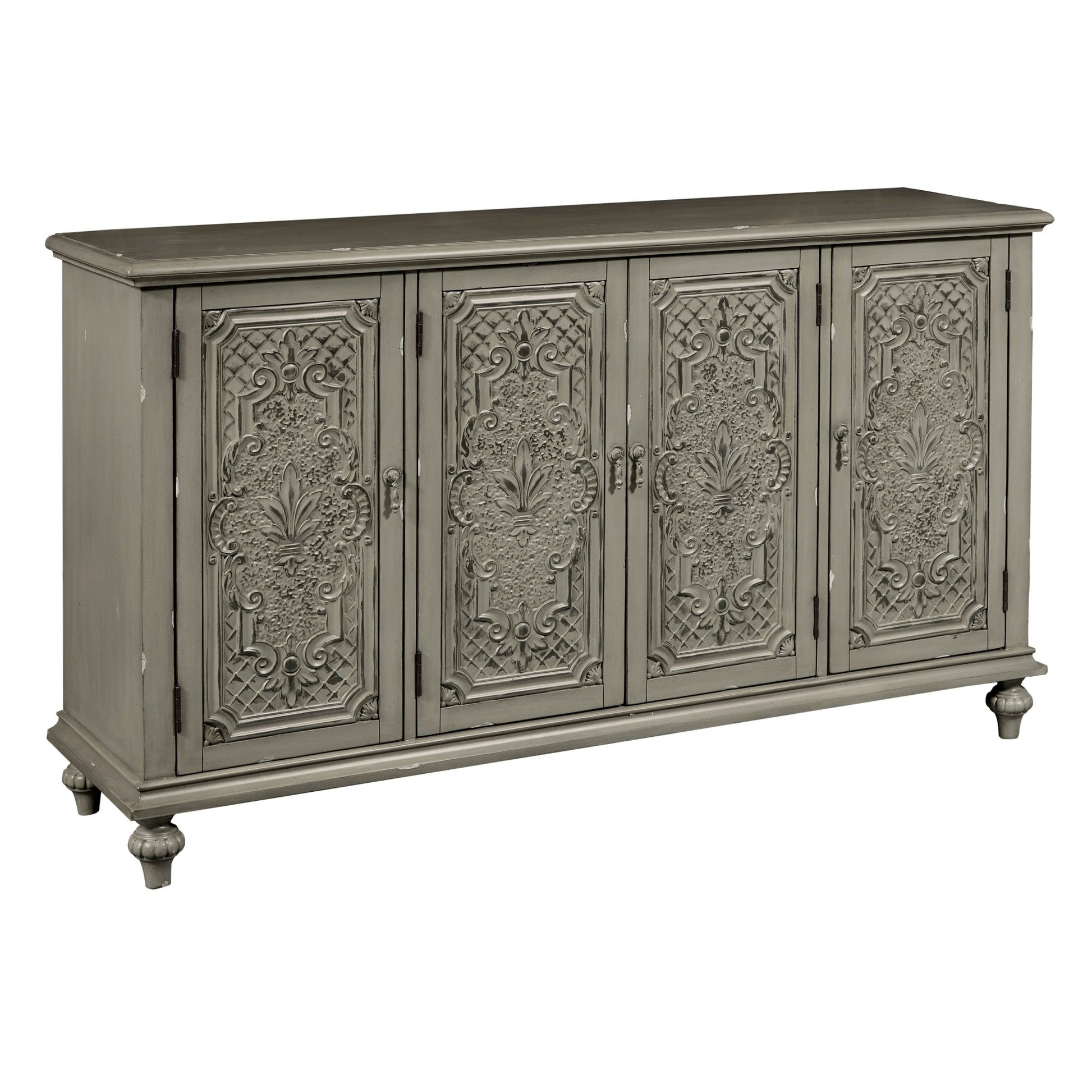 Gray Tin Front Four Door Credenza Consoles & Sideboards| Hooker
