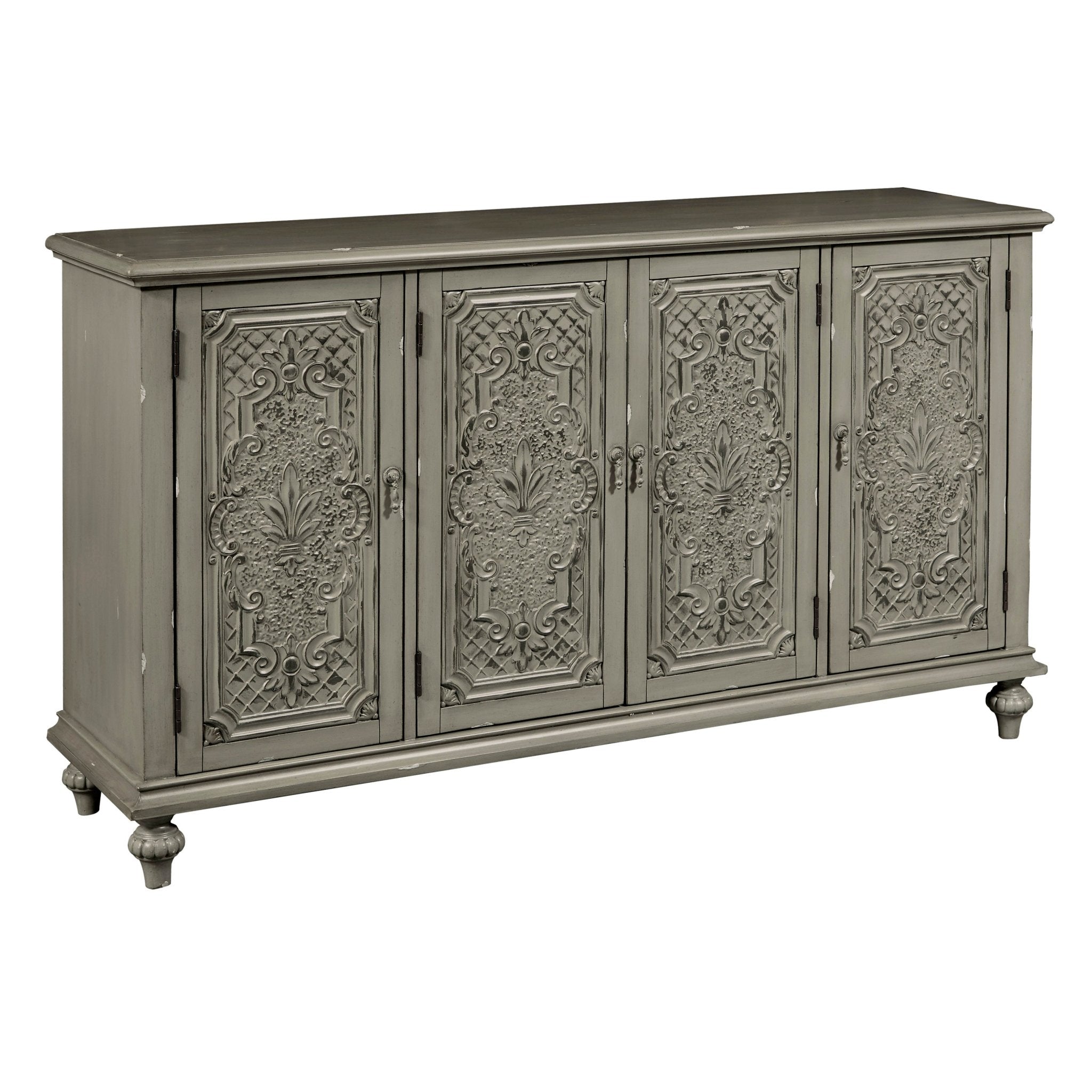 Gray Tin Front Four Door Credenza Consoles & Sideboards| Hooker