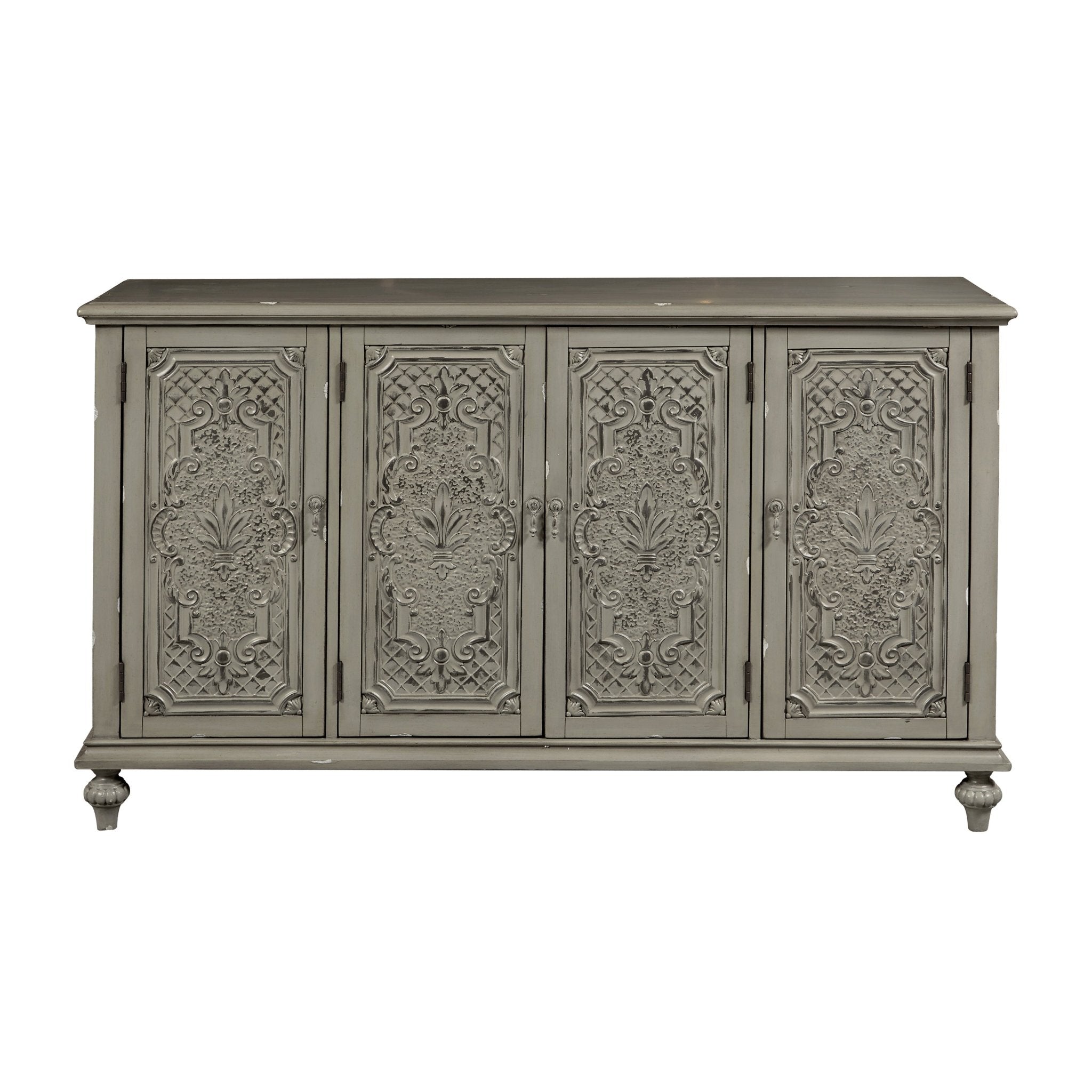 Gray Tin Front Four Door Credenza Consoles & Sideboards| Hooker