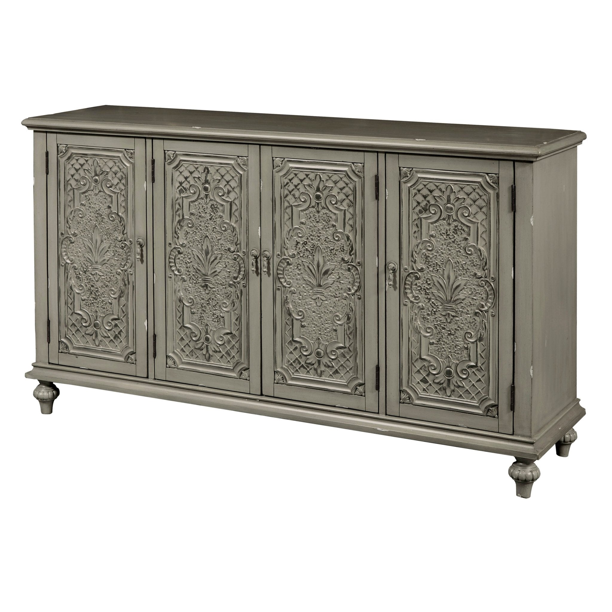 Gray Tin Front Four Door Credenza Consoles & Sideboards| Hooker
