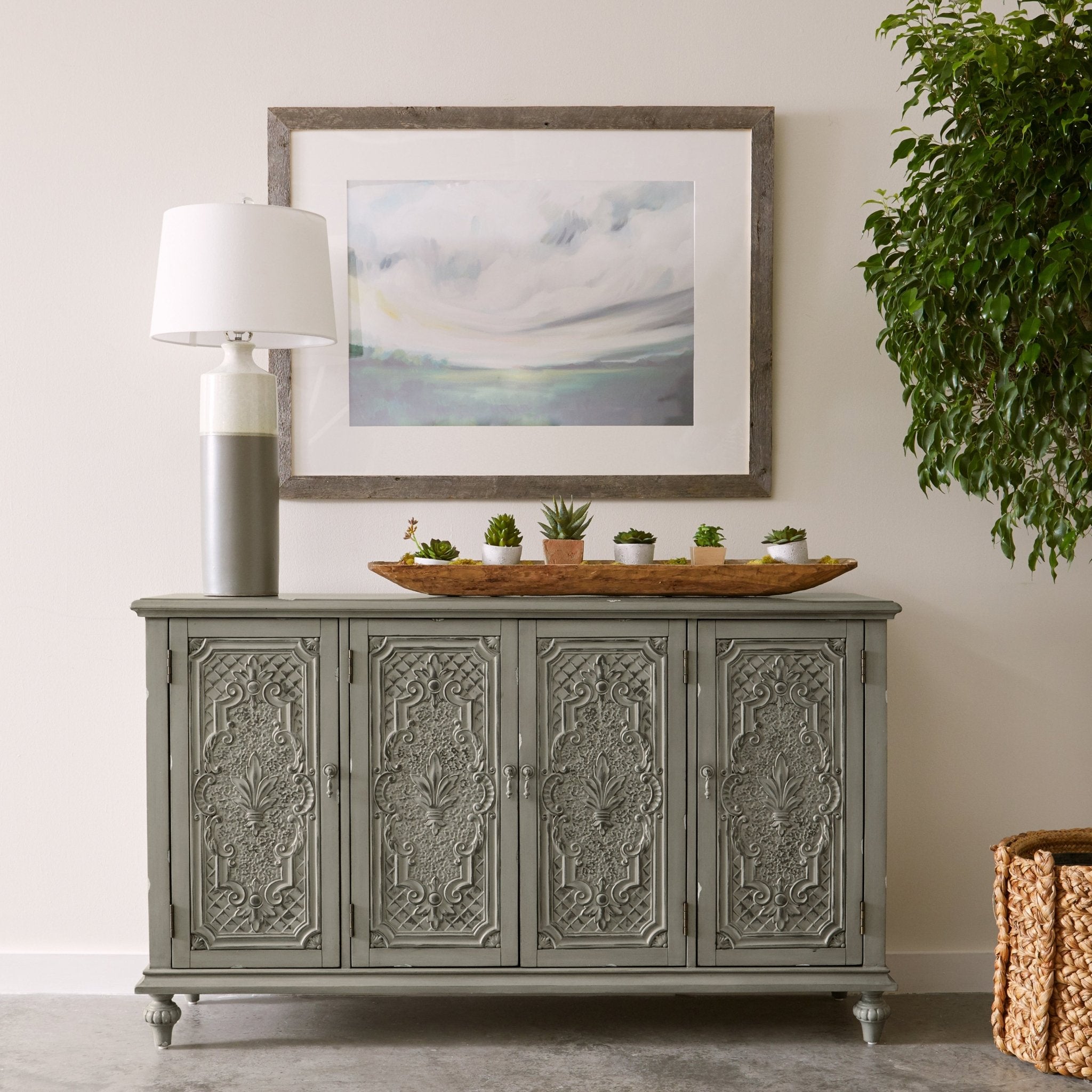 Gray Tin Front Four Door Credenza Consoles & Sideboards| Hooker
