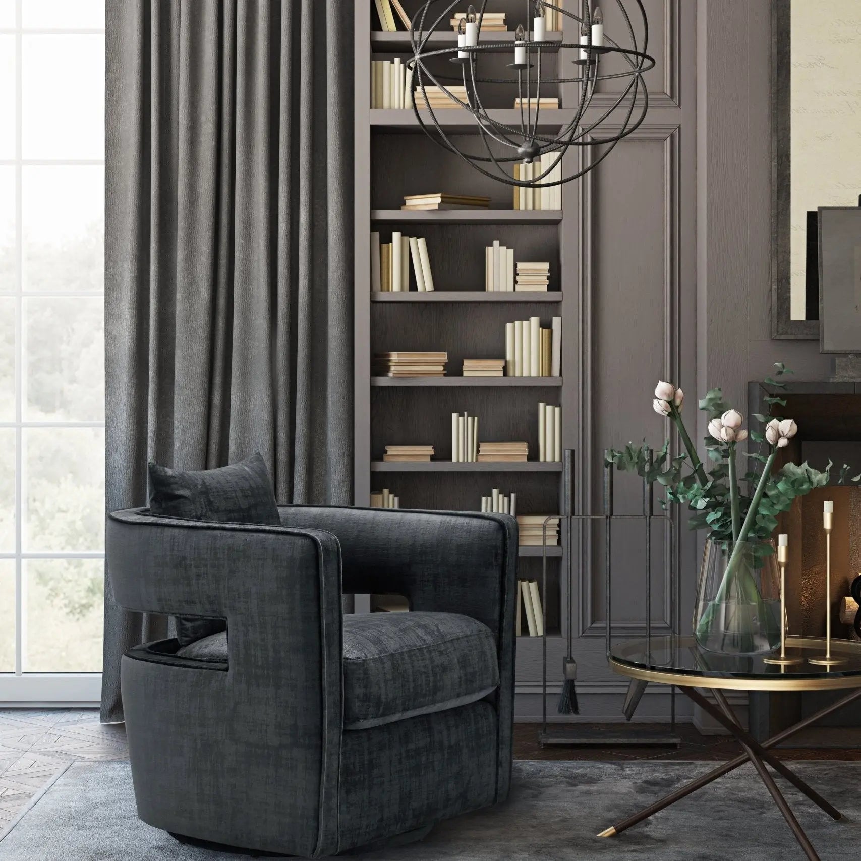 Kennedy Black Textured Velvet Swivel Chair Chairs| TOV