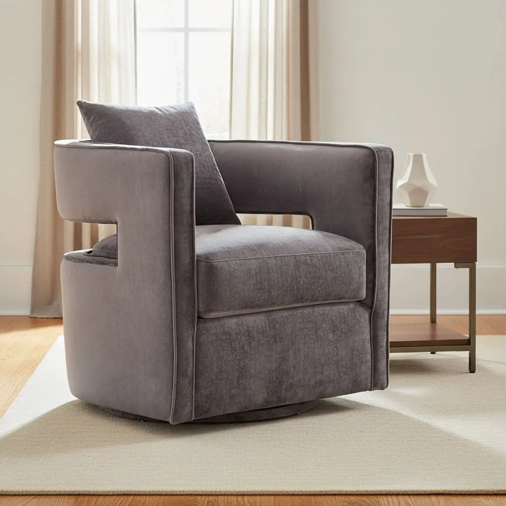 Kennedy Grey Textured Velvet Swivel Chair Chairs| TOV