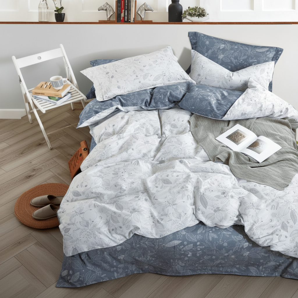 Leaf Pattern White & Blue Bedding Set-KING Coverlet Sets| Roots Furniture