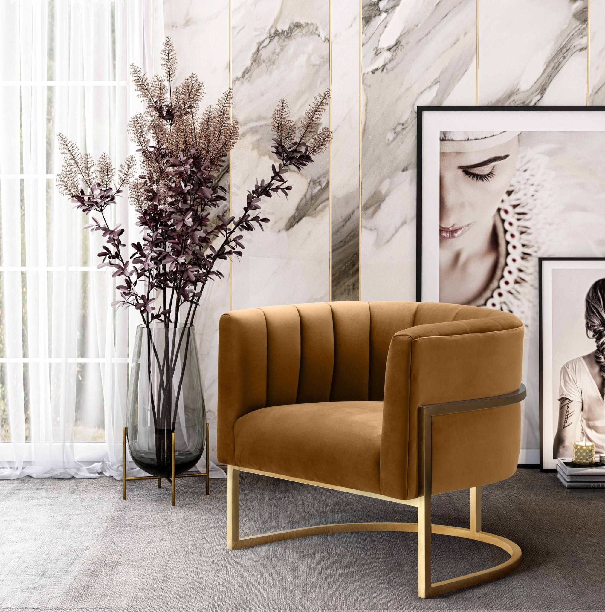 Magnolia Cognac Velvet Chair Chairs| TOV