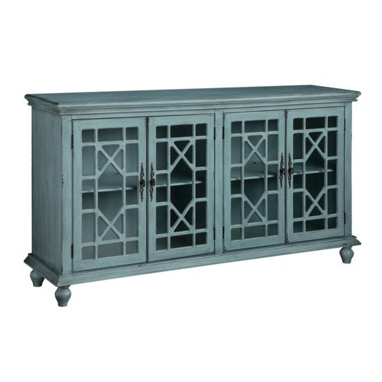 Mendenhall 4 Geometric Glass Door Textured Teal Sideboard Consoles & Sideboards| Crestview