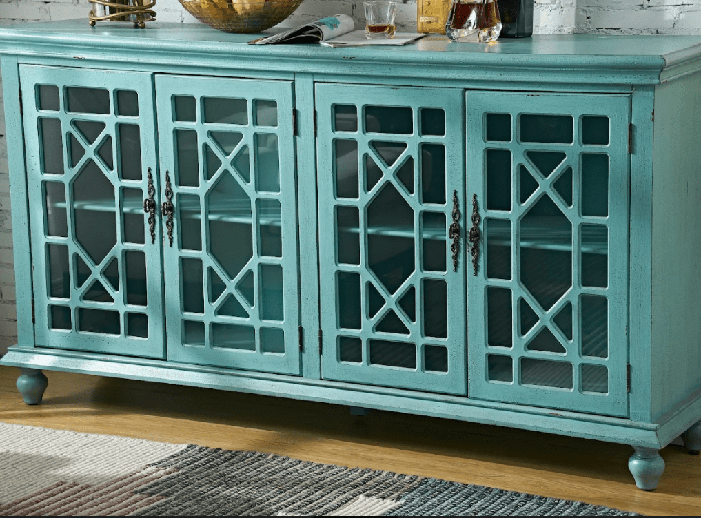 Mendenhall 4 Geometric Glass Door Textured Teal Sideboard Consoles & Sideboards| Crestview