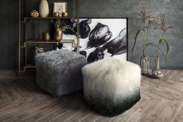 Tibetan Sheep White to Grey Pouf Poufs| TOV