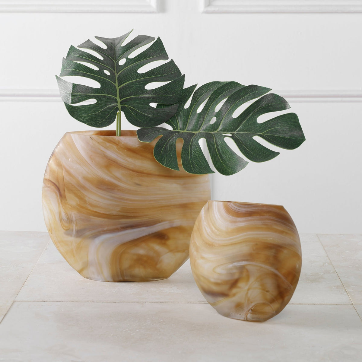 Uttermost Fusion Swirled Caramel & Ivory Vases, Set/2 Table Decors| Uttermost
