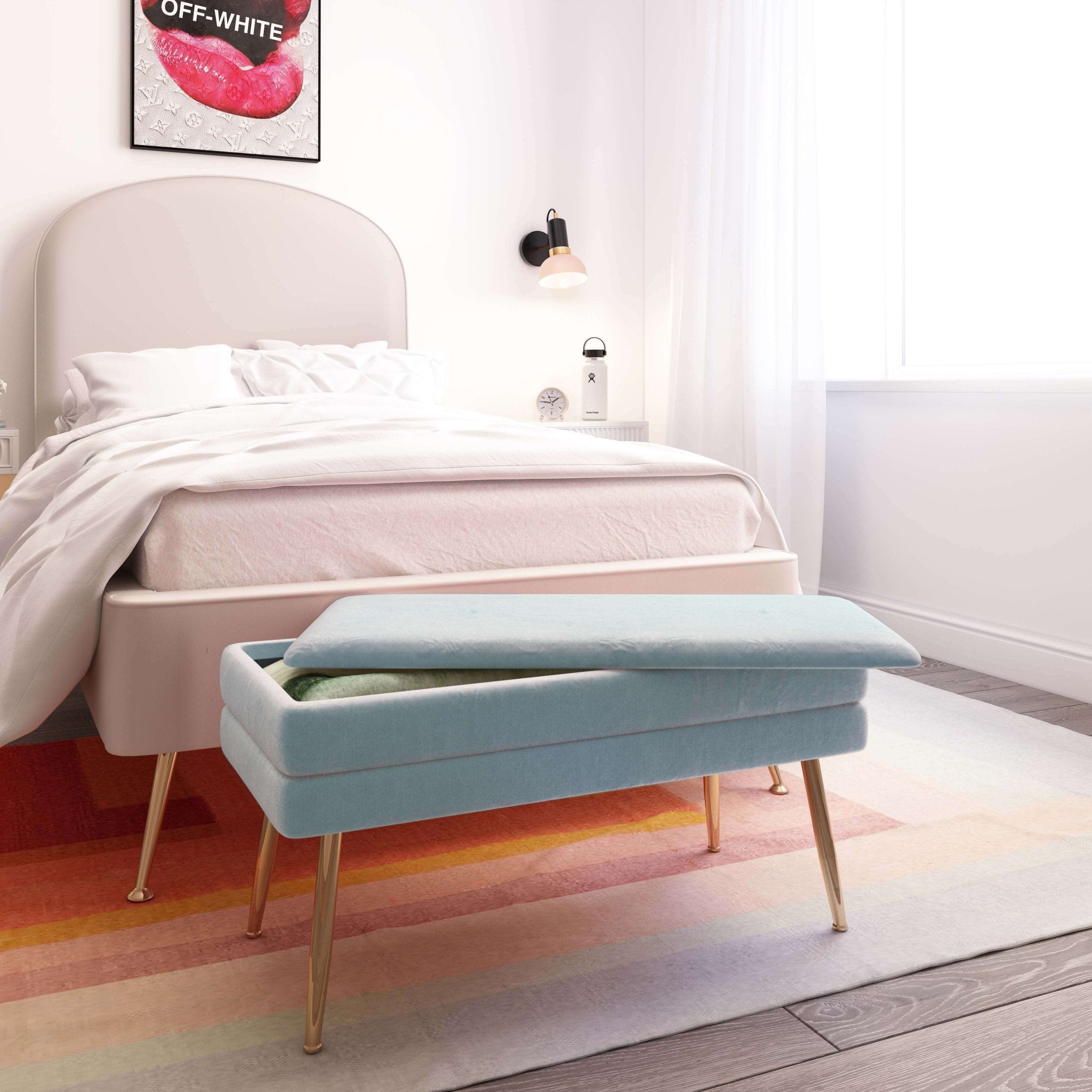 Ziva Sea Blue Velvet Storage Bench Benches| TOV